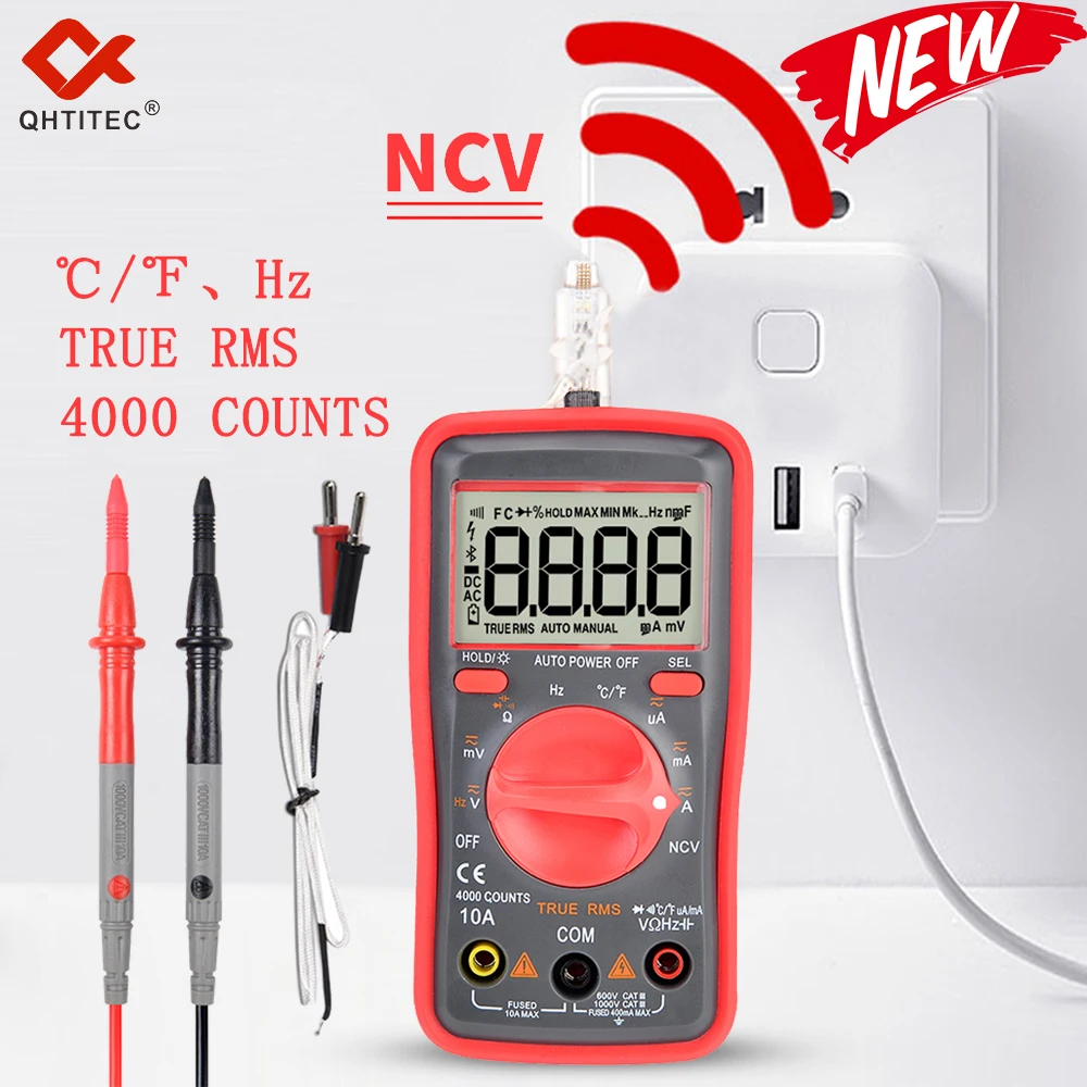 

Цифровой мультиметр QHTITEC, истинное среднеквадратичное значение, автоматический, 6000 отсчетов, измеритель напряжения постоянного и переменного тока, тестер бесконтактного напряжения, измерительный прибор для измерения температуры, частоты UM416