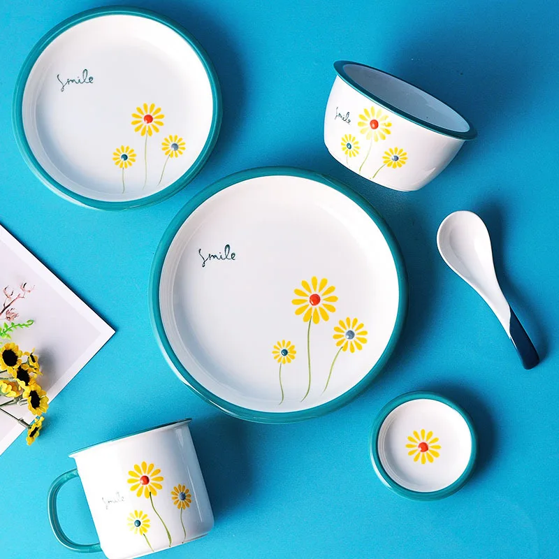 

Tigela de cerâmica com flores amarelas, tigela moderna de crisântemo simples para o café da manhã tableware set vajilla