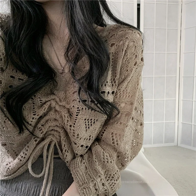 Pullover Women Hollow Out Korean Simple Fashion Casual Spring Feminine Chic Student Tender Slim Soft Streetwear Crops Knitwear