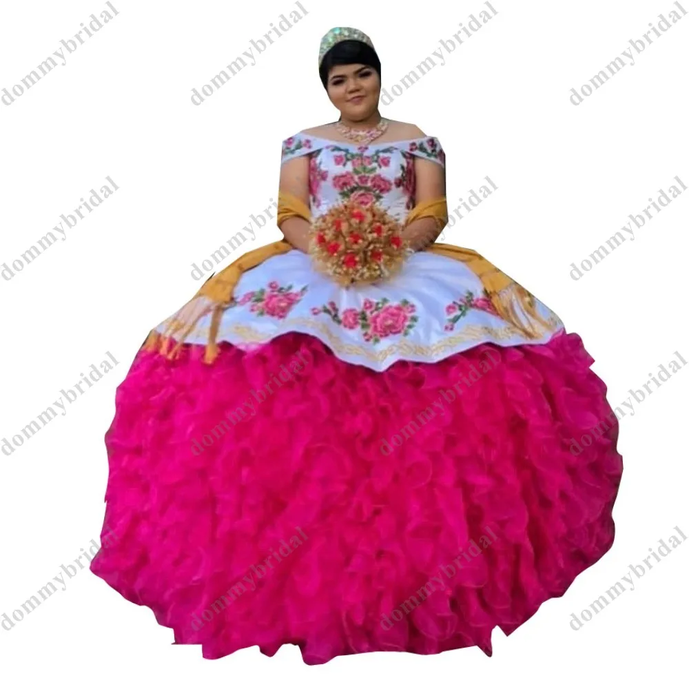 Affordable Hot Pink and White Vestido De 15 Anos Mexican 2023 Plus size Ball Gown Quinceanera Sweet 16 Dresses Gold Embroidered