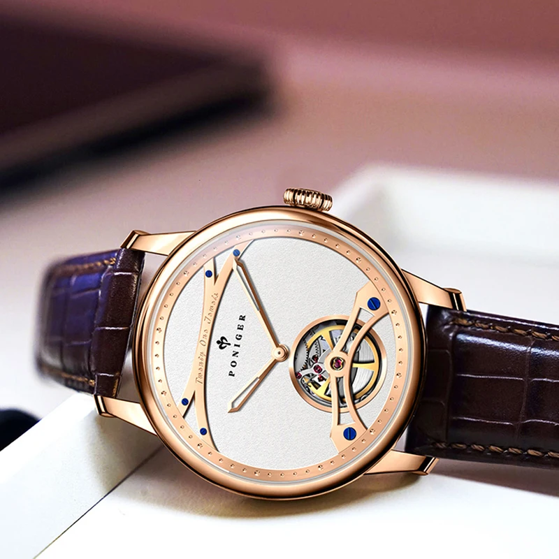 PONIGER 남자 시계 미니멀리스트 중공 해골 고품질 자동 기계식 무브먼트 손목 시계 사파이어 방수 시계