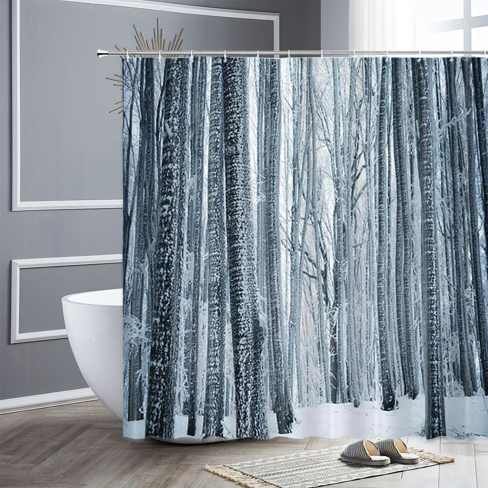 Snow Scene Shower Curtains Winter Cedar Snowman Forest Scenery Bath Curtain Polyester Fabric Waterproof Bathroom Decor Screen