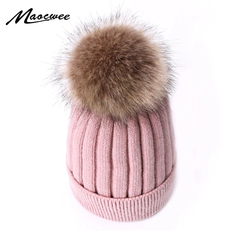 Winter Knitted Beanie Hat With Faux Fur Pompon For Women Winter Outdoor Warm Crochet Wool Hat Fashion Solid Color Ski Cap Bonnet