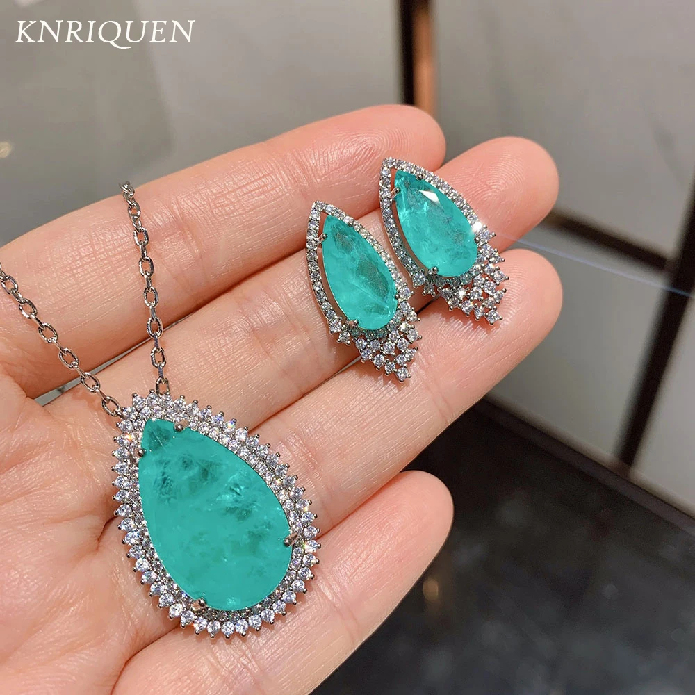 

Luxury Wedding Jewelry Sets Blue Paraiba Tourmaline Gemstone Aquamarine Earrings Necklace Anniversary Gift Accessories Wholesale