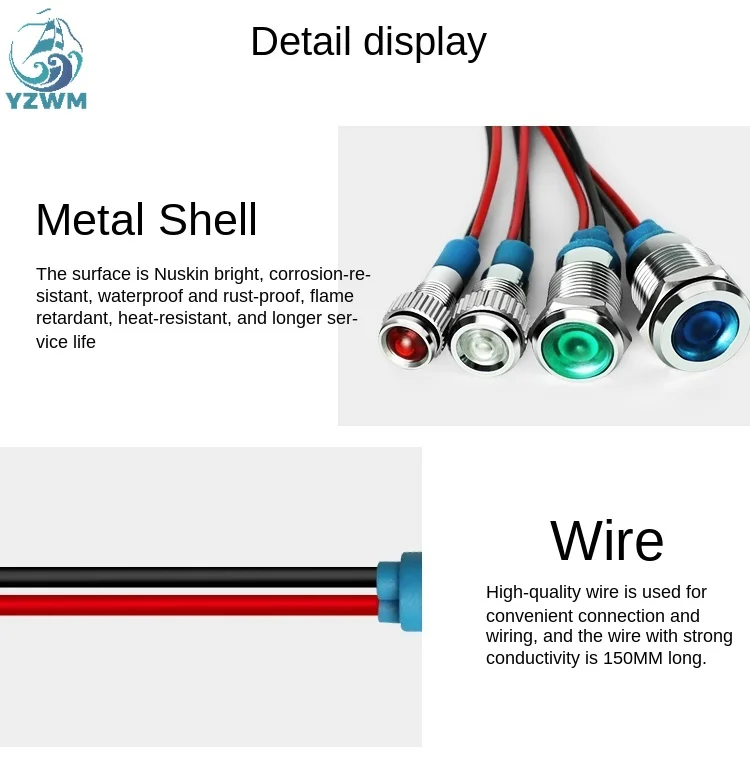 YZWM Led Metal Indicator 6 MM Waterproof Signal 6 V / 12 V / 24 V / 220 V Power Supply Work Light 10MM 16MM 19MM 22MM 25MM 30MM