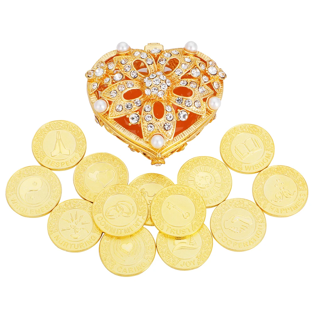 13pcs Gold Wedding Unity Coins Set Arras De Matrimonio Para Boda With Heart Shaped Box Ceremony Souvenirs Bride Favors Gift