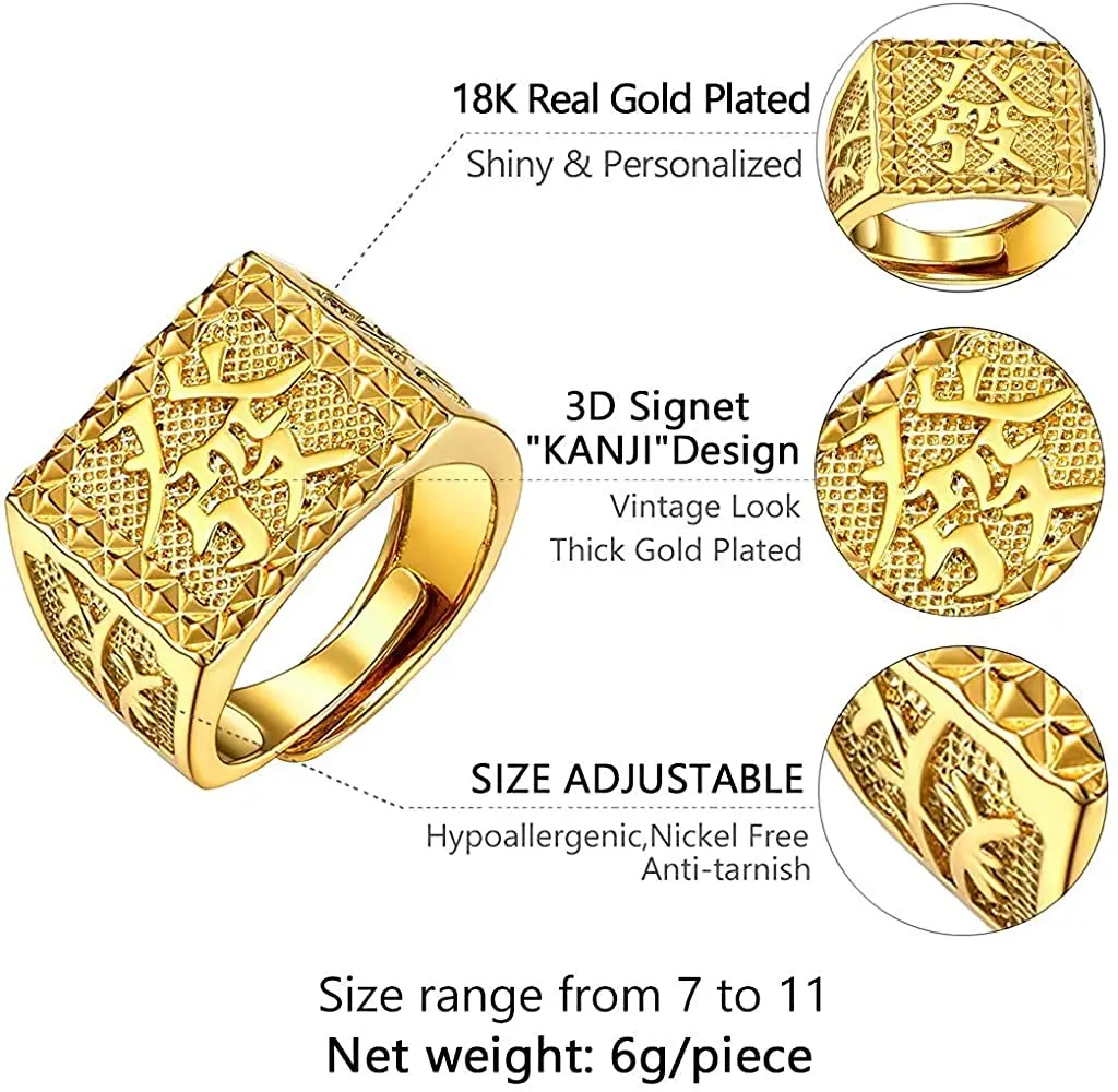 ChainsPro Mens Signet Rapper Kanji Ring Get Rich Luck Wealth Good Blessing Lucky Ring Set Open Adjustable Size 7-11 CP530