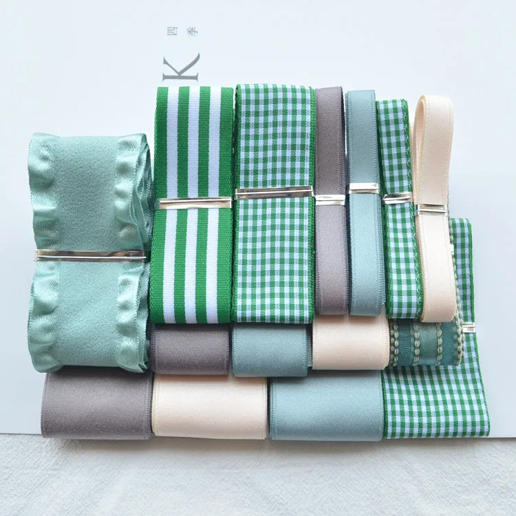 

Korea Style Green Hair Accessories DIY Cotton plaid Ribbon Sets Flower Gift Packaging Hair Bowknot Ribbons Handmade (15 Meters )