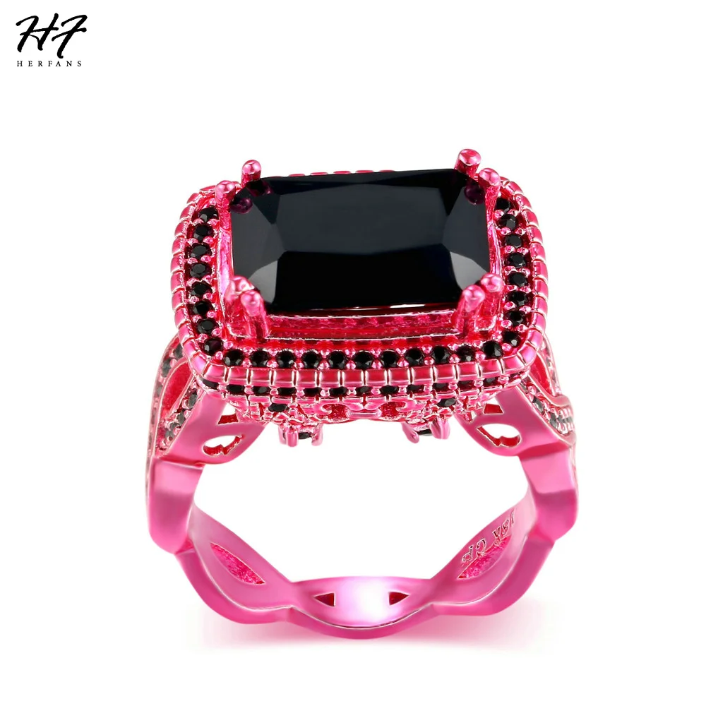 New Luxury Fashion Square Black Cubic Zirconia Pink Gold Color Ring Cocktail Rings For Women  Punk Hippie Fashion Jewelry DD041