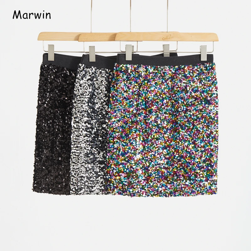 

Marwin 2020 New-Coming Spring Solid Sequined Straight Mini Empire High Street Style Women Skirts Party Holiday Skirts