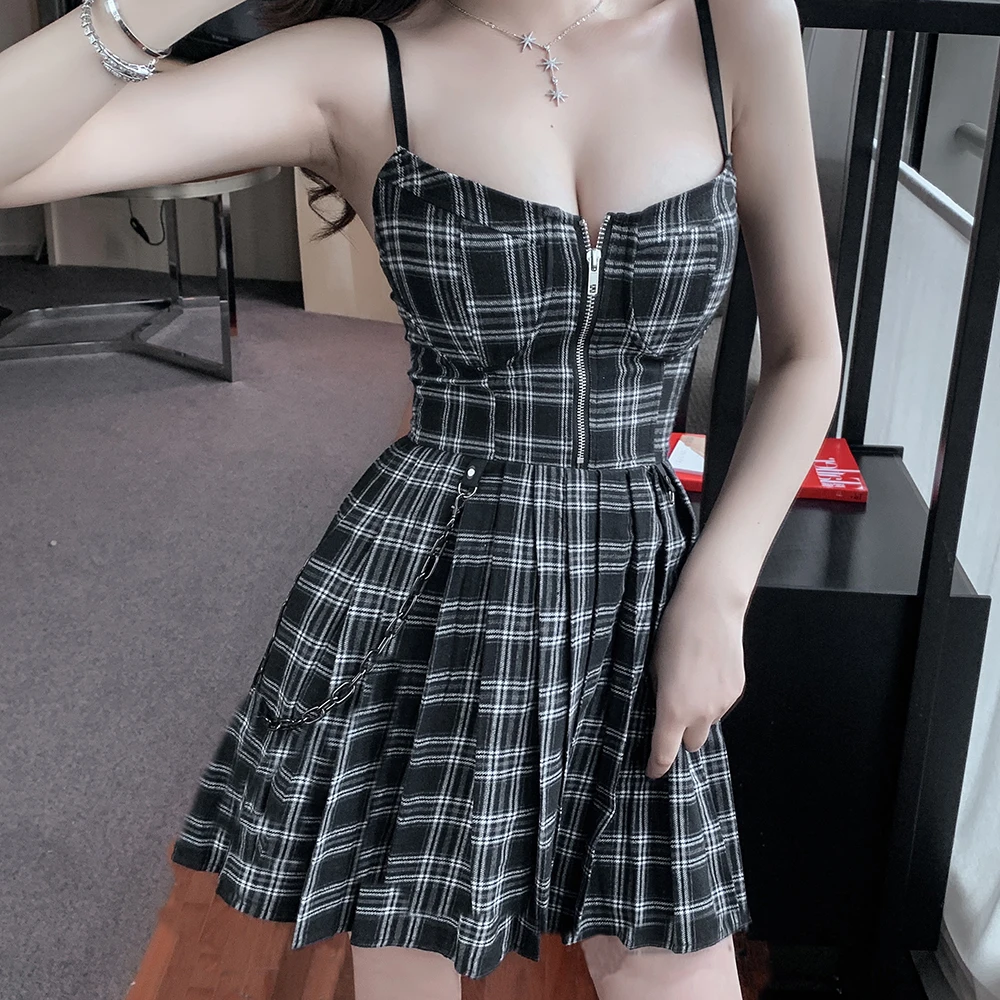 Preppy Style Gothic Girls Sexy Vintage Mini Dress Red Balck Pleated Plaid Women Mini Short Dresses Punk Hip Hop Streetwear