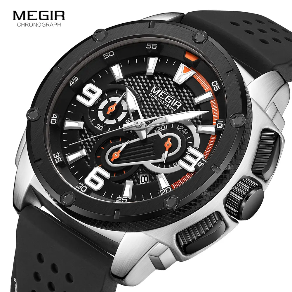 MEGIR Men\'s Chronograph Quartz Watches 2020 Luxury Top Brand Military Sport Wristwatch Silicone Strap Waterproof Watches Men