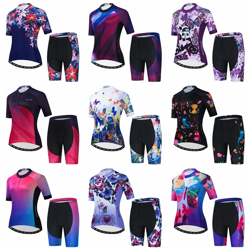 2021 Summer Women's Cycling Jersey and Shorts Set 5D Padded Mujer Roupa Ciclismo Bike Uniform Pink Purple Butterfly Flowers Cat