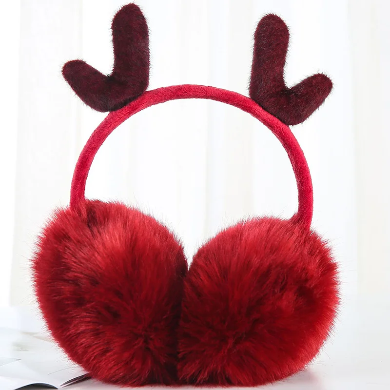 Winter Ear Warmers Cute Antlers Design on-the-Head Earmuffs Warm Fuzzy Plush Ear Covers Gift for Girls Women