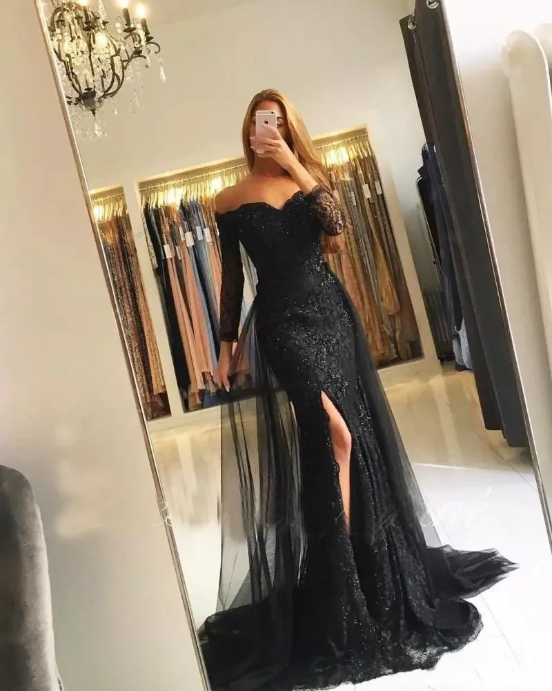 Robe de soirée longue noire style sirène, manches en dentelle, perlée, fente, Tulle, col en v, Kaftan, arabie saoudite, 2019, 3/4