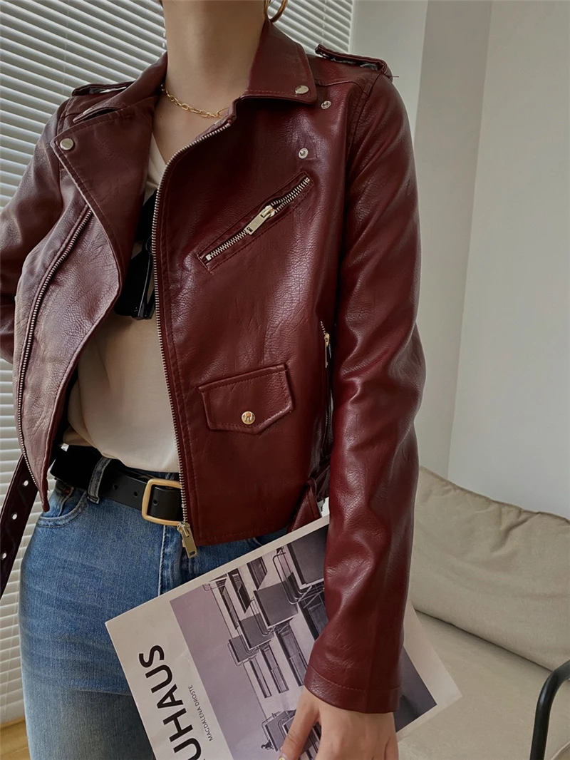 LMQ-Chaqueta clásica de cuero sintético para mujer, abrigo básico informal con cremallera y cinturón, para otoño e invierno, novedad de 2020