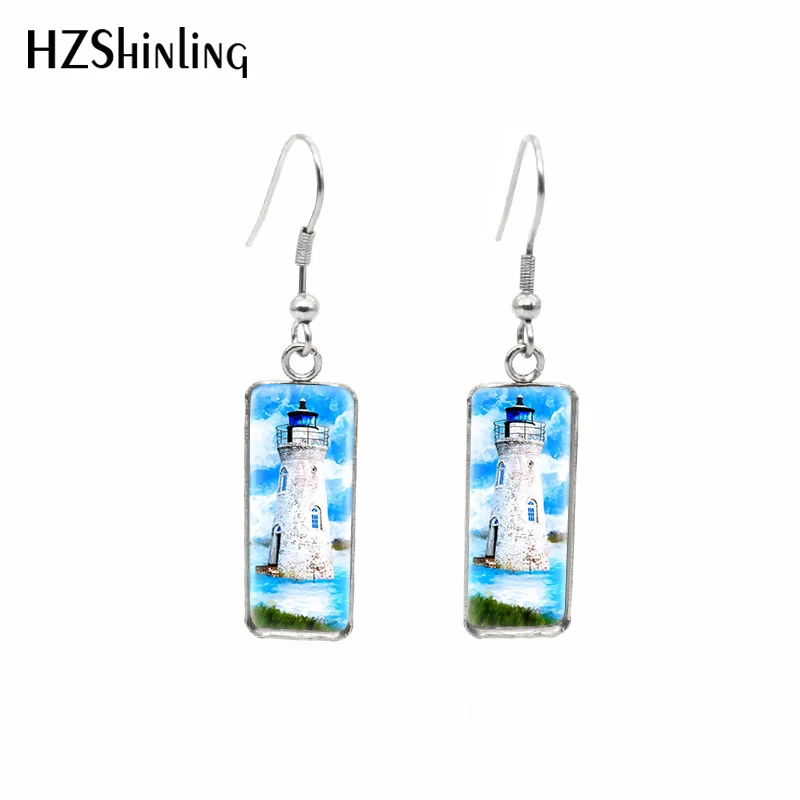 2020 New Night Watch Under Sea Earring Lighthouse Sunrise Rectangular Hook Earrings Glass Cabochon Jewelry Handmade