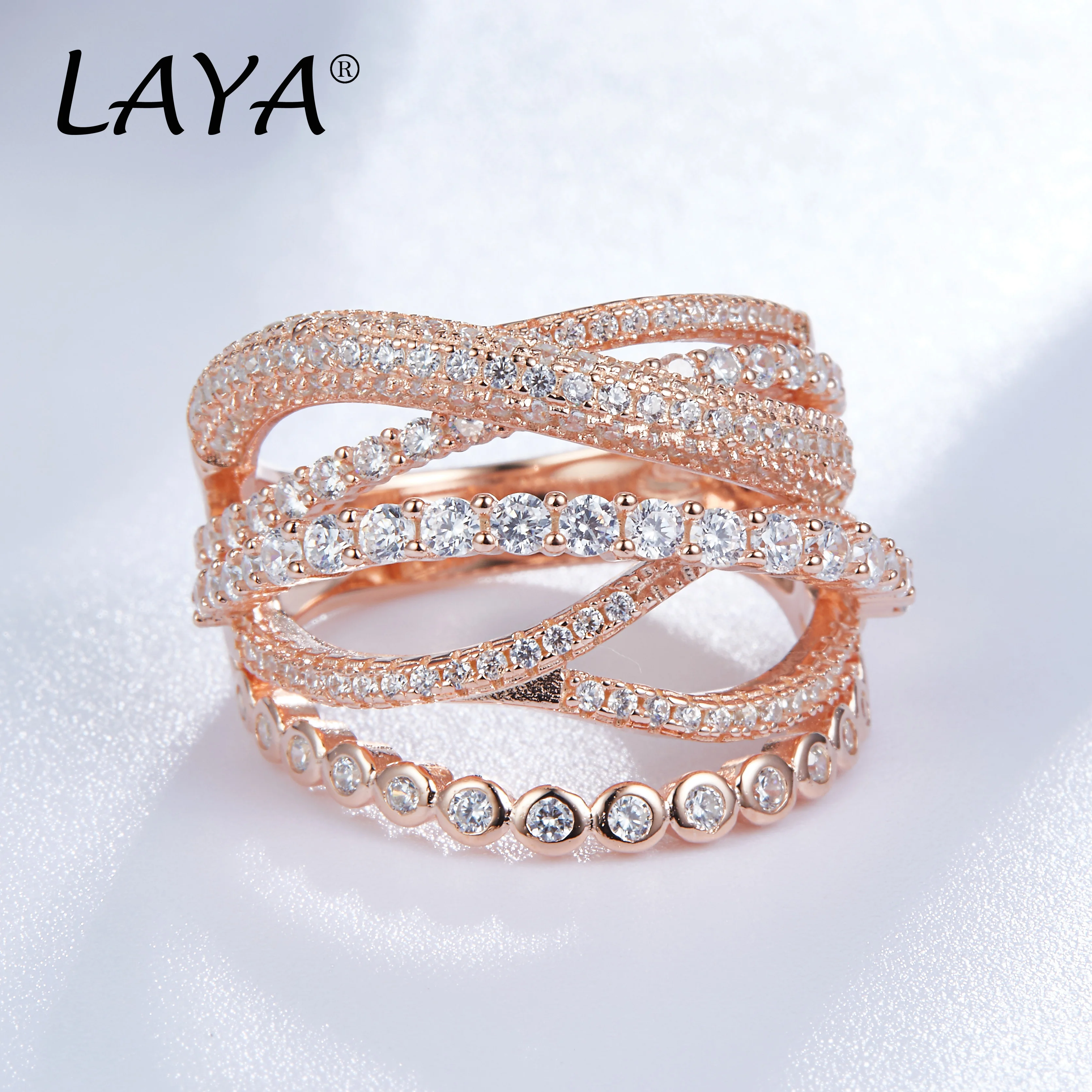 LAYA 925 Sterling Silver Multi-Line CrossAAAAA Zircon OL Style Ring For Women\'s Wedding High Quality Fashion Luxury Jewelry Gift