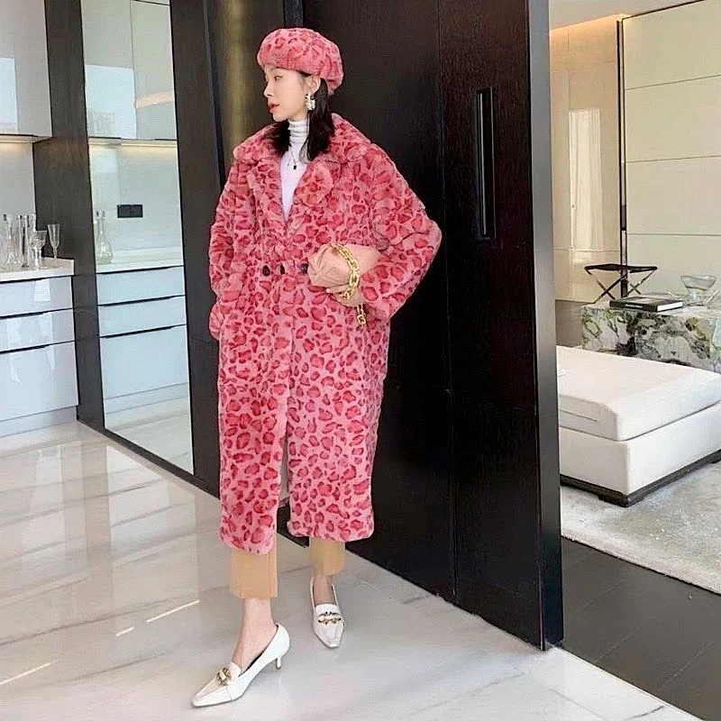 2022 New Winter Women Real Rex Rabbit Fur Coats Off Season Fashion Long Leopard Overcoat Simple Warm Ladies Outerwear Street