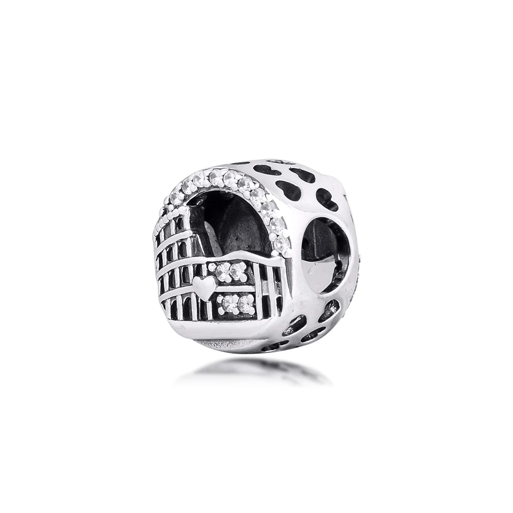 

100% Real 925 Sterling Silver Roman Colosseum Openwork Charm Fits European Bracelet S925 Beads Silver Jewelry Gift