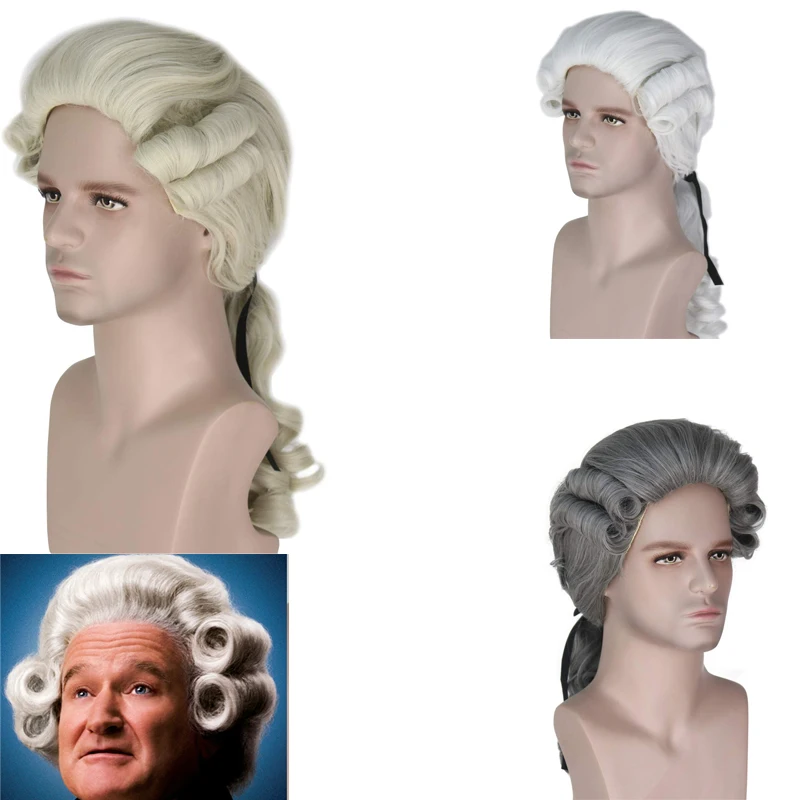 Beige / Gray / White Lawyer Judge Baroque Curly Male Costume Wigs Deluxe Historical Long Synthetic Cosplay Wig + a wig cap