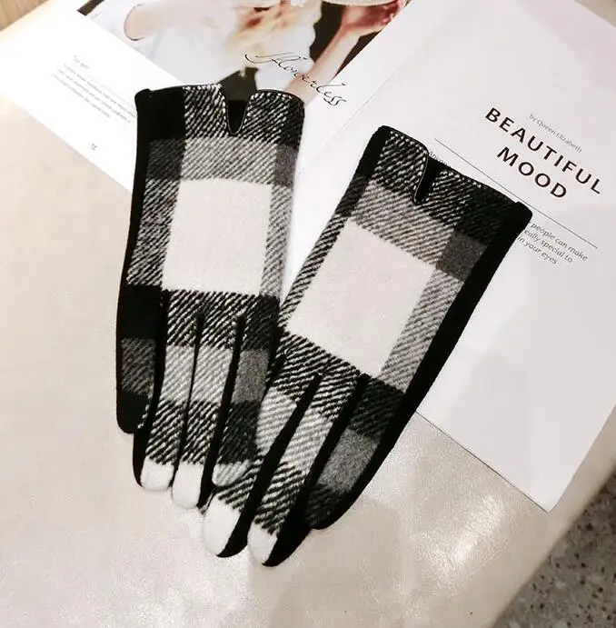 

Women's autumn winter warm plaid wool gloves lady's checked touch screen cashmere glove winter driving glove R2260