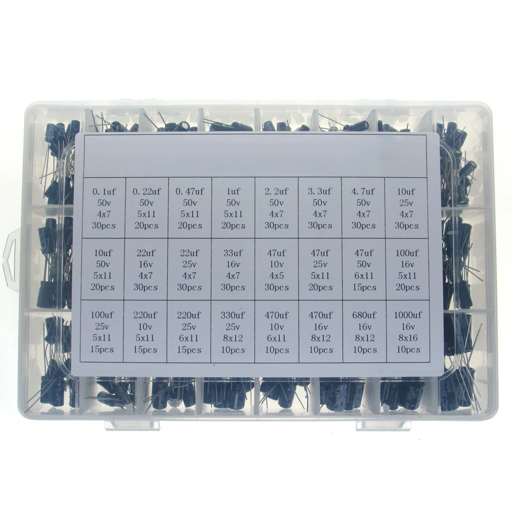 500Pcs/lot DIY 0.1UF-1000UF 24Values Aluminum Electrolytic Capacitors 10-50V mix Electrolytic capacitor Assorted kit set box