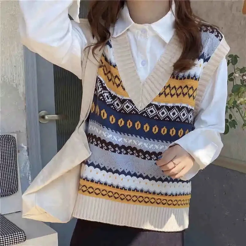 Vintage Argyle V-neck Knitted Sweater Vest Women Loose Sleeveless Sweater Pullover Autumn Korean Casual Oversized Knit Waistcoat