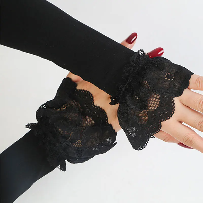 1 paire de gants de conduite à manches élastiques, longs, sans doigts, en soie glacée, en dentelle, mitaines couvertes, protection solaire d'été, gants en dentelle pour femmes