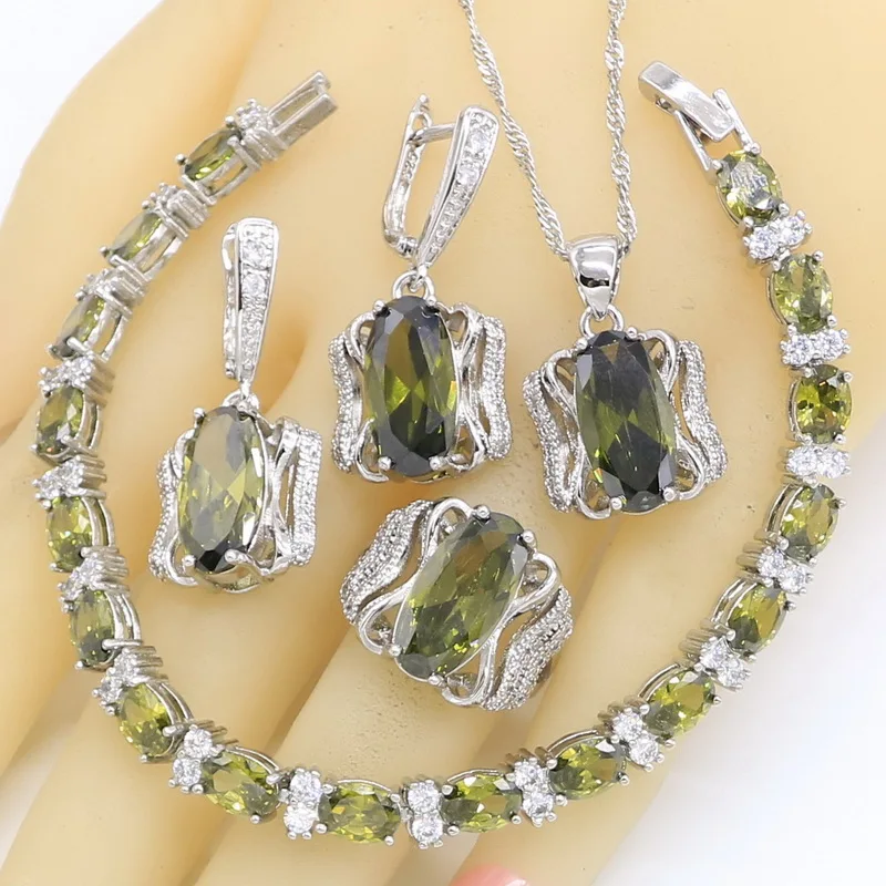 Green Zirconia Dubai Wedding Jewelry Sets For Women Bracelet Earrings Necklace Pendant Ring Birthday Gift