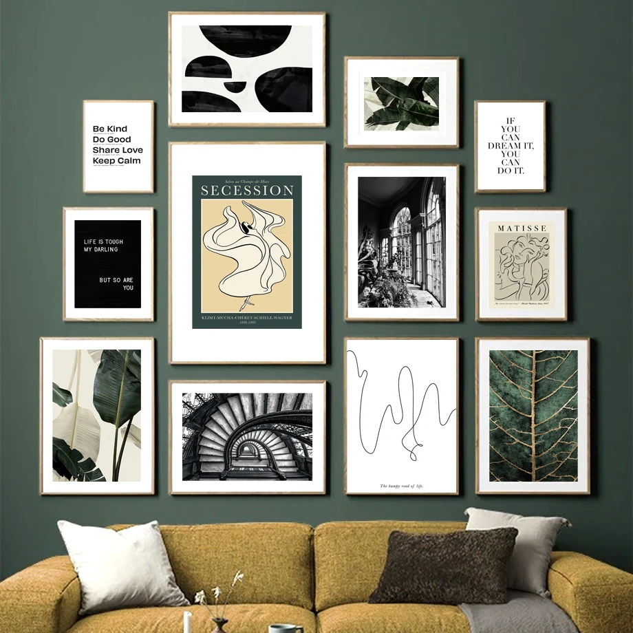 Grünes Blatt Figur Linie Abstrakte Wand Kunstdruck Leinwand Malerei Garten Treppen Nordic Vintage Poster Dekor Bild für Wohnzimmer