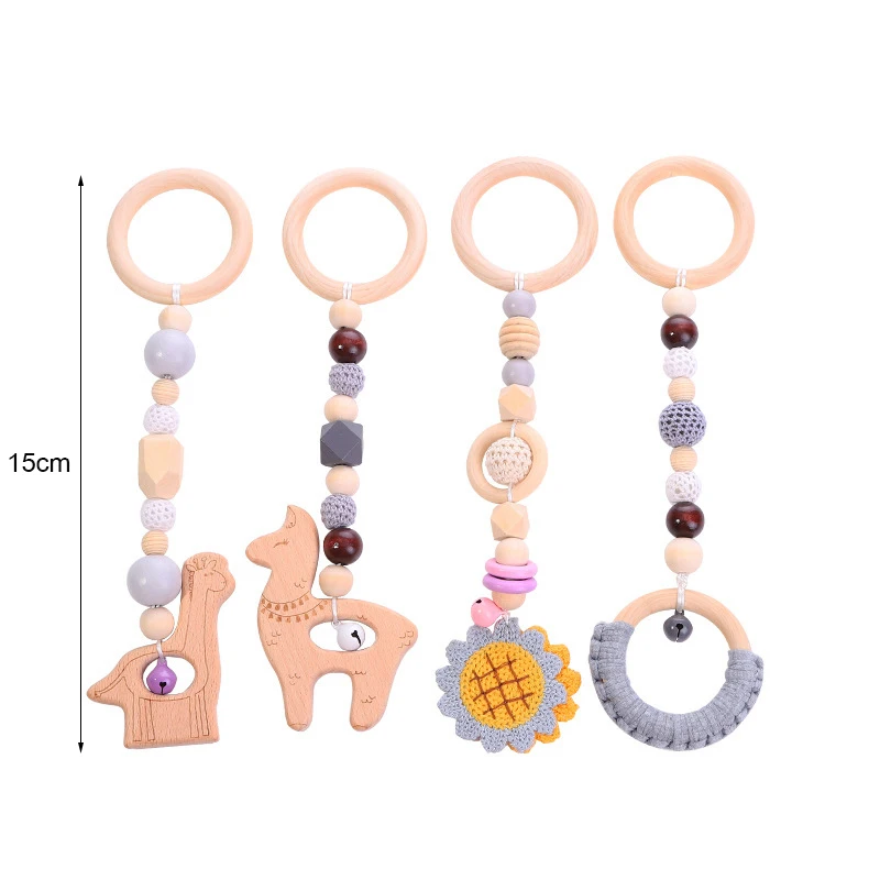 Jouets en bois Montessori pour bébé, hochet Animal mignon, anneau de dentition pendentif quatre pièces, jouets pour nouveau-né de 0 à 12 mois, cadeau pour bébé garçon et fille