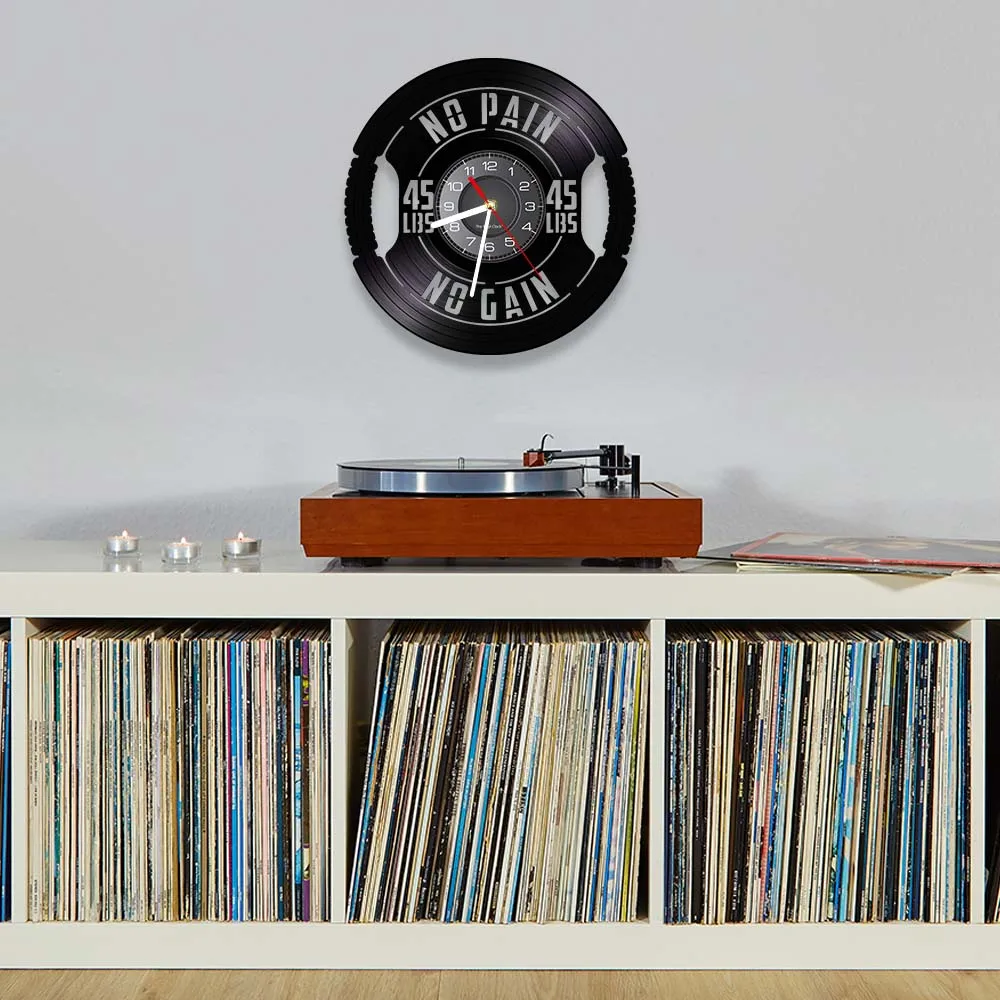 Fitness Gym Sign Weight Plate 45lbs Vinyl LP Record Wall Clock Workout Room Weightlifting Decor Artwork Clock Fitness Gift
