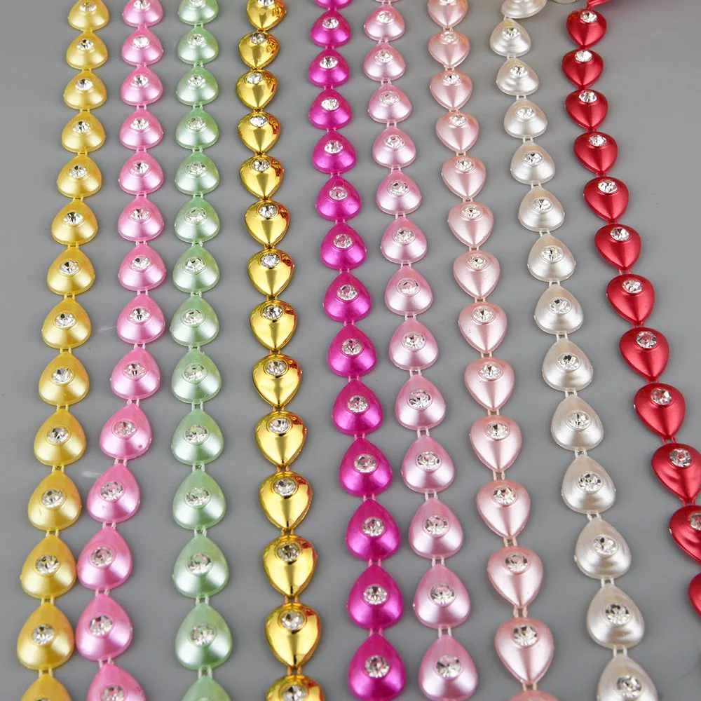 1Yards 12mm Width ABS Flatback Imitation Pearl Water Drop with 5mm Round Rhinestone Chain Sewing Trim Wedding Cake Decoration