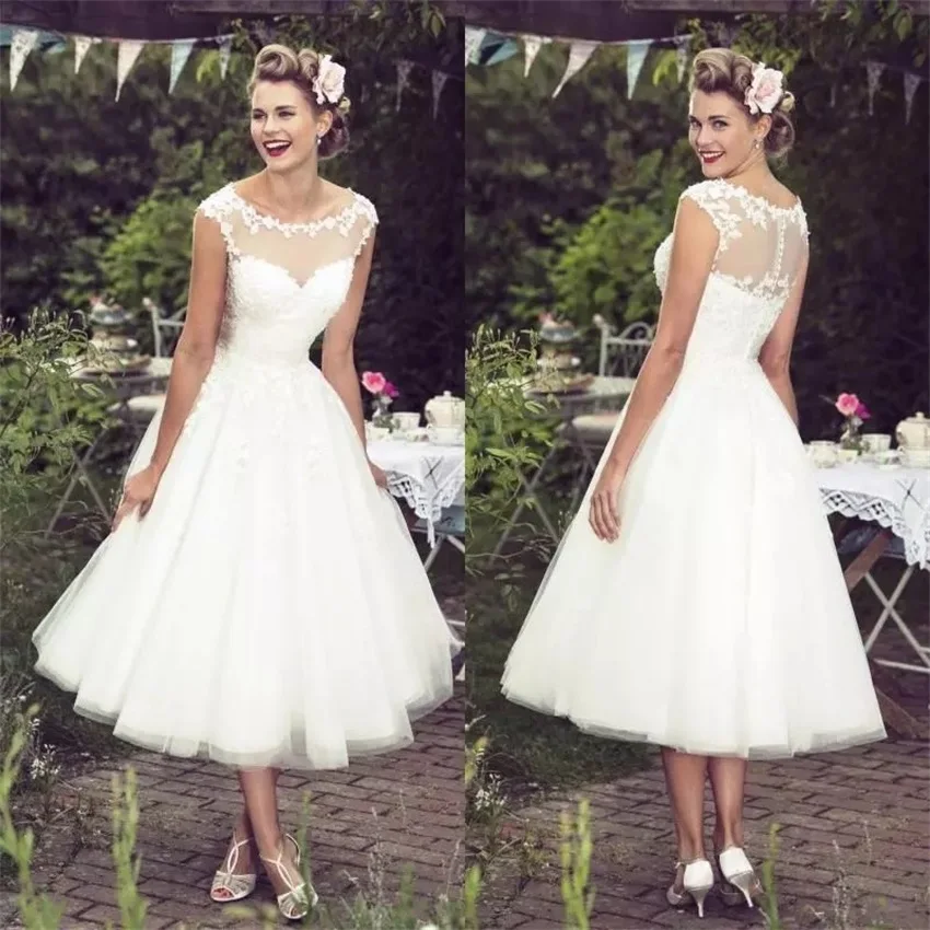 1950S Vintage Korte Tuin Trouwjurken Doorschijnende Hals Kant Tule Plus Size Bruidsjurken Thee Lengte Vestidos De Novia