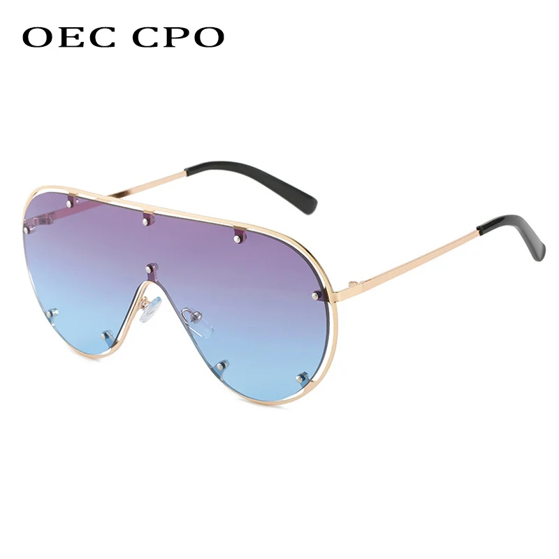 OEC CPO Oversized Rimless Sunglasses Women Fashion Rivets One Piece Lens Sun Glasses Female Vintage Shades Goggles Eyewear UV400