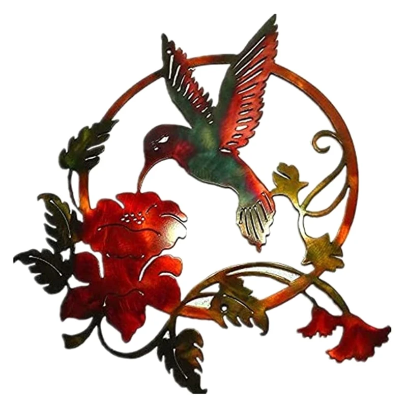 

H55A Round Metal Bird Wall Art Decor for Garden Living Room Decoration Hummingbird Flower Outdoor Wrought Iron Wall Art Circles