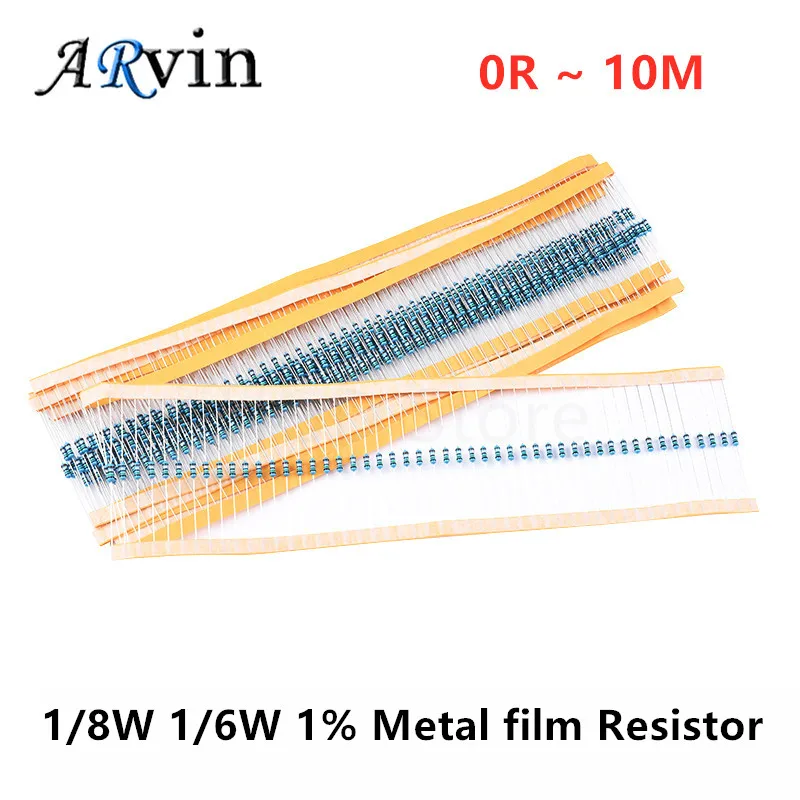 100pcs 1/6W 1/8W 1% filme De Metal resistor 0R ~ 10M 1R 4.7R 100R 220R 330R 1K 2.2K 3.3K 4.7K 47 22 10K K K 100K 100 220 330 M 1 2M ohm