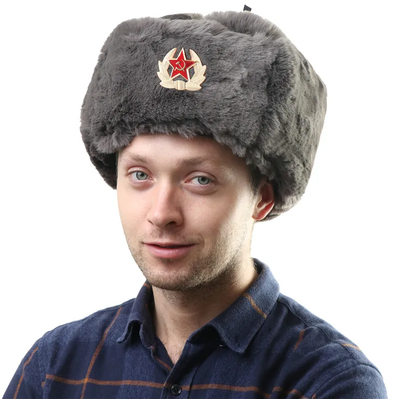 Soviet Army Military Badge Russia Ushanka Bomber Hats Pilot Trapper trooper Hat Winter Faux Rabbit Fur Earflap Men Snow Caps