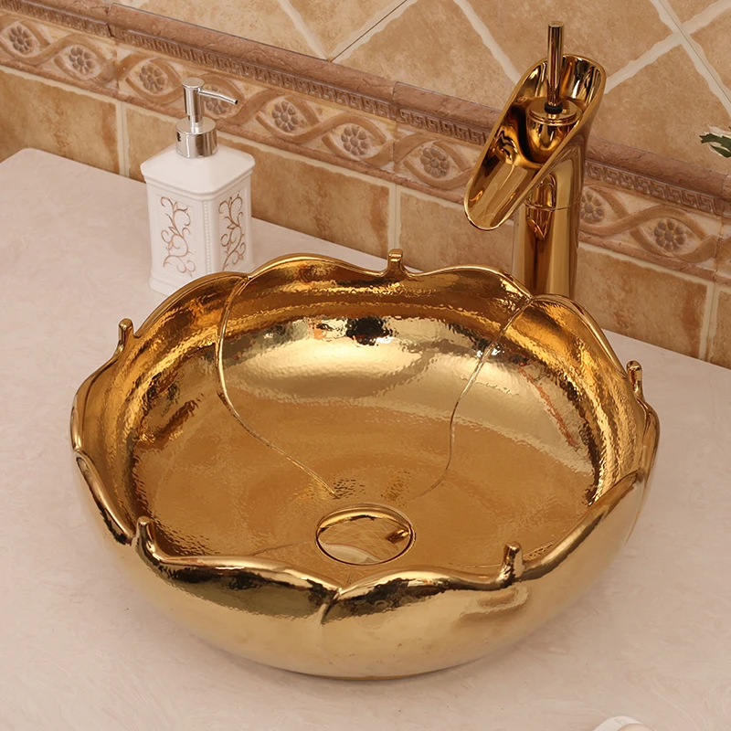 

Handmade Porcelain Sink Countertop Ceramic wash basin Bathroom Sink golden