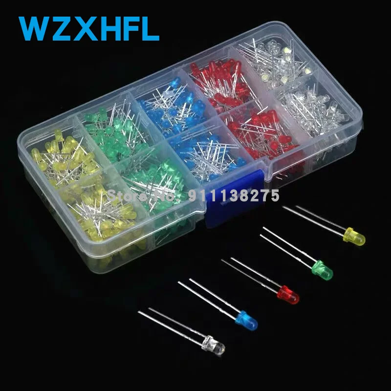 5x100pcs=500Pcs 3MM LED Diode Kit Mixed Color Red Green Yellow Blue White + BOX