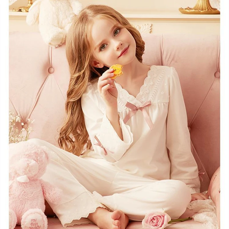 Sweet Princess Style Suit Girls Spring Autumn Trumpet Sleeve Long Sleeve Cotton Pajamas Children\'s Home Clothes Soft Comfortable