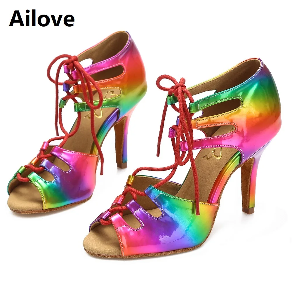 Women Ballroom Latin Dance Shoes Lady Lace-Up Salsa Dancing Sandals Bright Rainbow PU Indoor Sports Heels ALS052