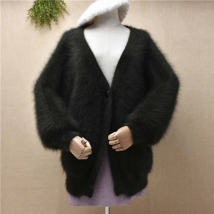 

ladies women fashion hairy plush mink cashmere knitted v-neck long batwing sleeves loose cardigans angora fur winter jacket coat