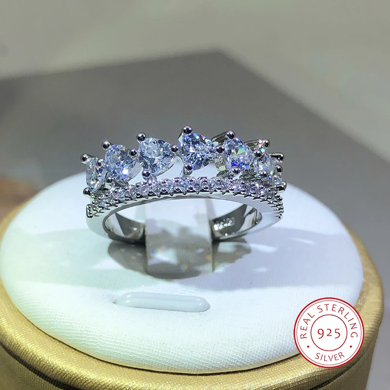 เงิน925เงินสเตอร์ลิงสาม Claw แหวน Zircon ผู้หญิงคู่แถวแหวนเครื่องประดับวันเกิดของขวัญ