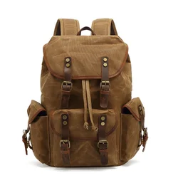 Vintage Canvas Backpack for Men Leather Rucksack Large Laptop Bags School Work Military Army Shoulder Knapsack Travel Hiking Bag