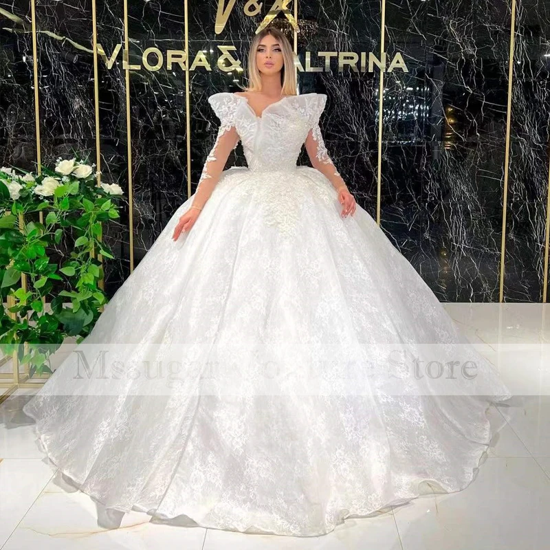 

2022 Stunning Lace Wedding Dress Pleating Illusion Long Sleeves A-line Bridal Gowns Robe de mariage