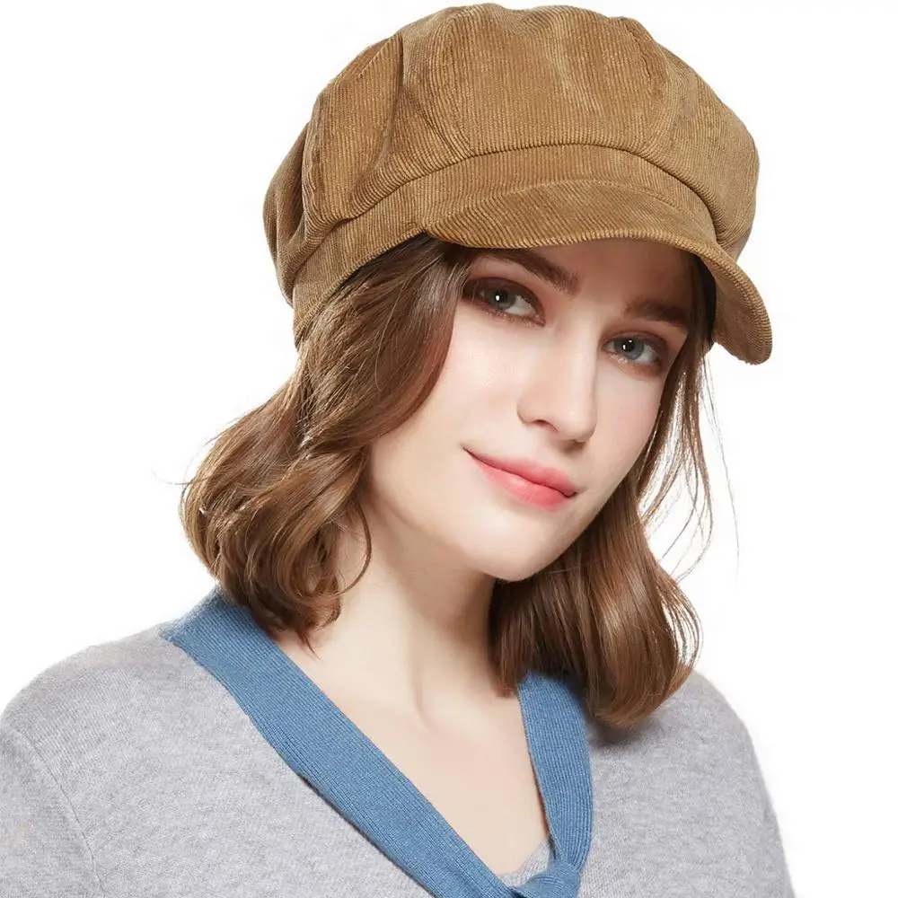 Beret Corduroy Newsboy Hat for Women Visor Adjustable Winter Octagonal Cap for Ladies