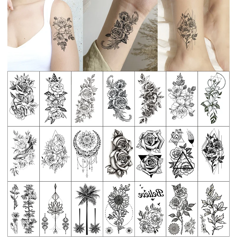 30PCS/Lot Sexy Fake Sketchs Flowers Tattoo for Woman Hands Arm Body Waterproof Temporary Tattoos  tatouage temporaire femme