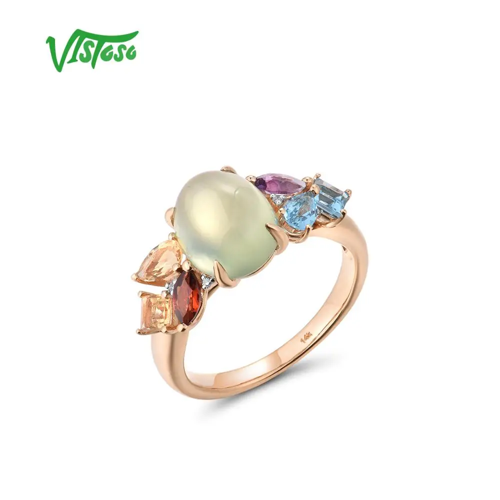 VISTOSO Genuine 14K 585 Rose Gold Sparkling Diamond Fancy Citrine Amethyst Peridot Blue Topaz Lady Ring Anniversary Fine Jewelry